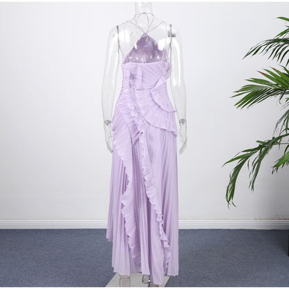Summer Women's New Fashion Elegant Socialite Ruffled Pleated Halter Neck Strap Dress Long Dress for Women