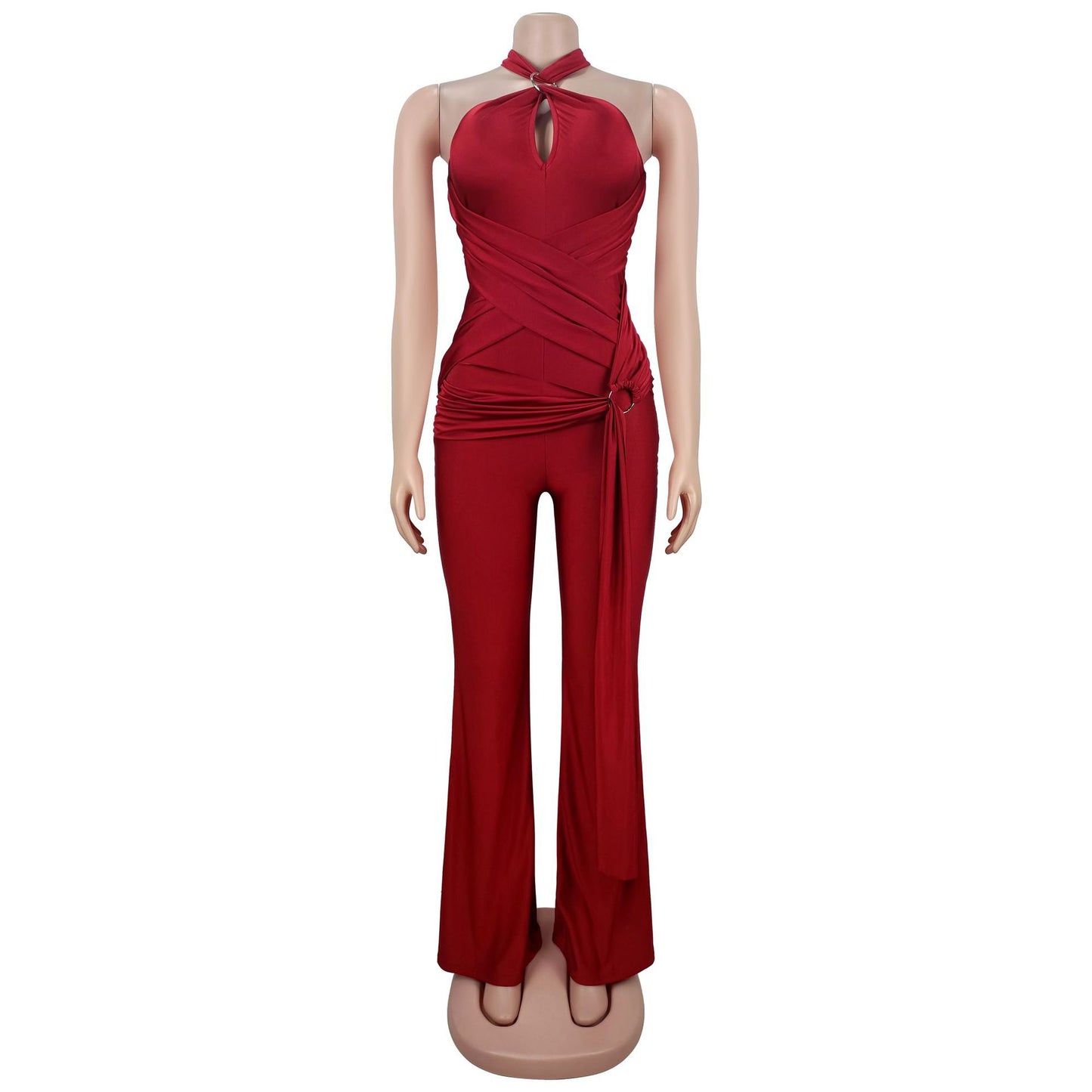 European and American Fashion Women's Solid Color Elegant Halter Neck Wide Leg Arm-Hugging Jumpsuit