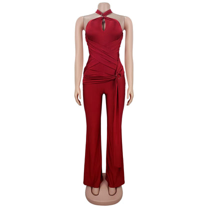 European and American Fashion Women's Solid Color Elegant Halter Neck Wide Leg Arm-Hugging Jumpsuit