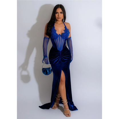 Fashion Women's Solid Color Halter Neck Slit Sexy Long Dress