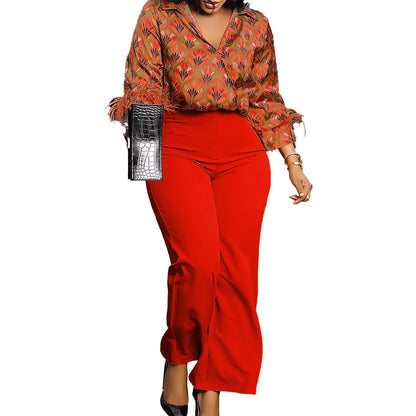 Printed Long Sleeve Shirt Elegant Wide Leg Pants Fashion Set
