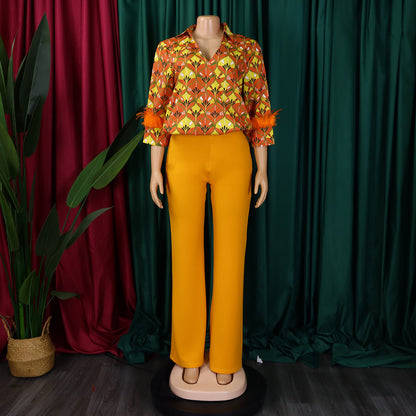 Printed Long Sleeve Shirt Elegant Wide Leg Pants Fashion Set