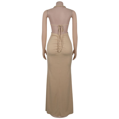 Fashion Women's Sexy Knitted Halter Backless Solid Color Dress