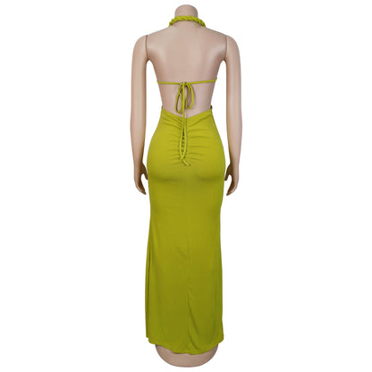 Fashion Women's Sexy Knitted Halter Backless Solid Color Dress