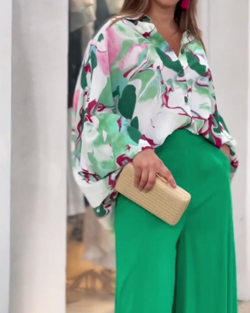 Summer Loose Plus Size Fashion Casual Printed Wide-Leg Pants Two-Piece Set