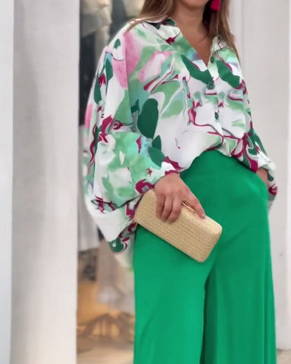 Summer Loose Plus Size Fashion Casual Printed Wide-Leg Pants Two-Piece Set