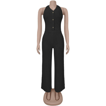 European and American Fashion Women's Casual Halter Neck Tie Top and Long Pants Two-Piece Set