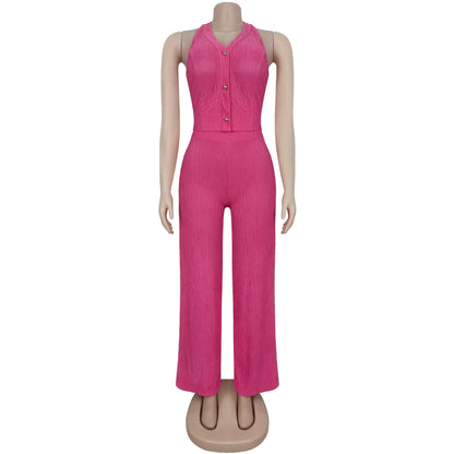 European and American Fashion Women's Casual Halter Neck Tie Top and Long Pants Two-Piece Set