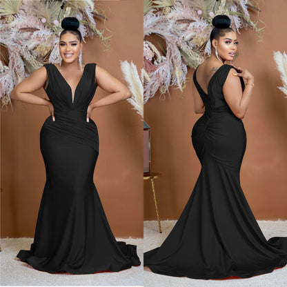 Fashion Women's Solid Color V-Neck Sleeveless Ruched Long Dress