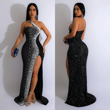 Fashion Women's Solid Color Rhinestone Sequin Sleeveless Long Dress