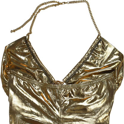 Women's Sexy Halter Neck Gold Chain Ruched Bodycon Dress