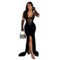 Fashion Women's Solid Color Halter Neck Slit Sexy Long Dress